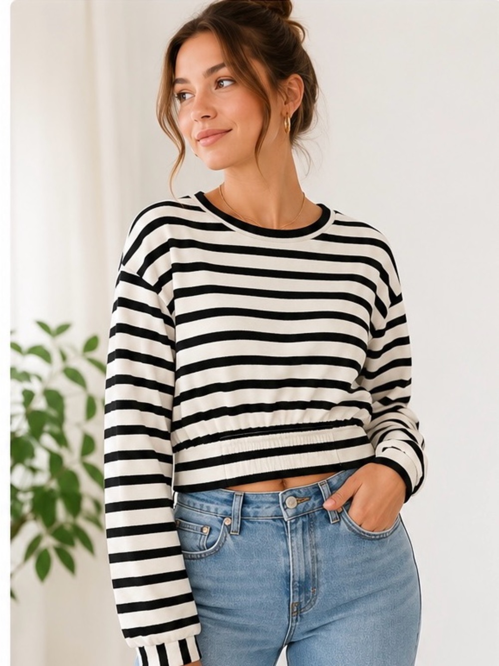 Maeve Anthropologie Striped Knit Top Small Black White Puff Sleeve Crop